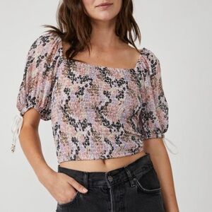 Free People Smocked Puff Sleeve Crop Top